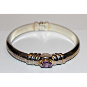 Vintage 925 Thailand Amethyst Sterling Silver Hinged Bangle Bracelet 6.5”